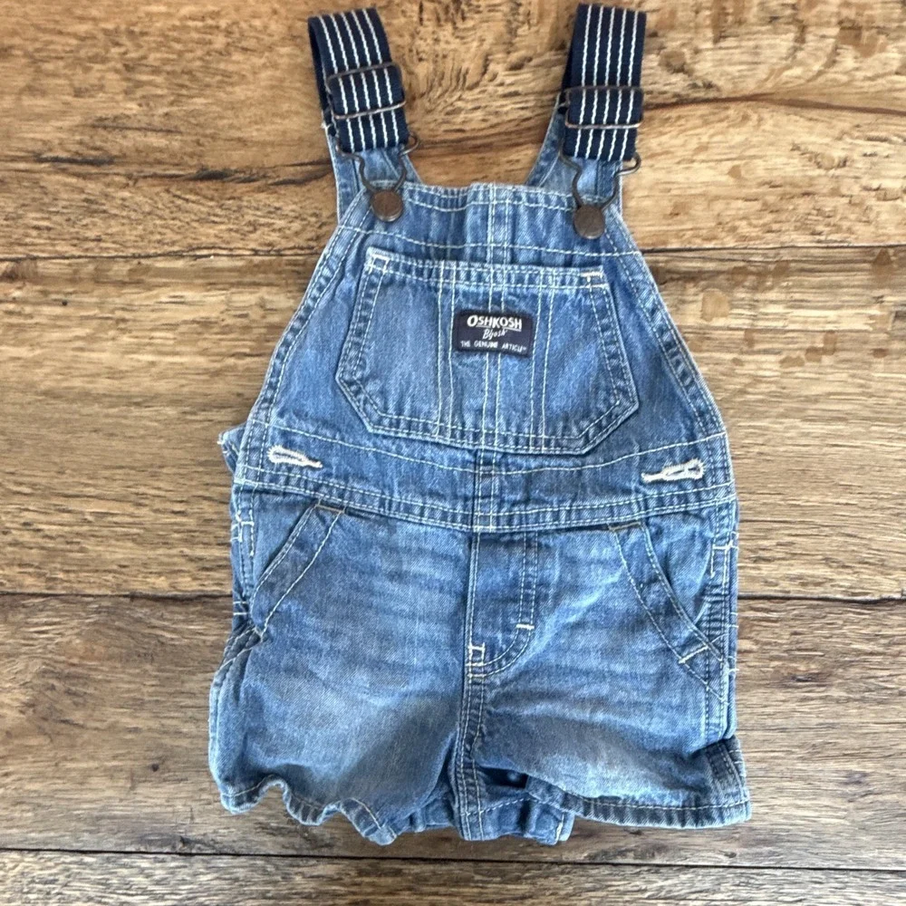 OshKosh B'gosh Denim Overall Shortalls 6 Months Blue Sleeveless Pockets